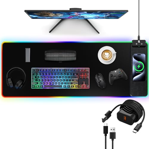 Mouse Pad with Wireless Charging, Large Desk Mat RGB Gaming Mousepad, 10 Light Colors LED Gaming Pad Keyboard Pad with Ultra-Smooth Surface & Non-Slip Rubber Base, Waterproof Full Desk Mouse Pad - color: 31.5x11.81"-Black Right w/PD Charger