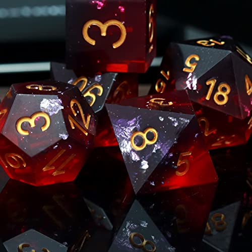 Haxtec Sharp Edge DND Dice Set, Silver Flakes Resin Polyhedral RPG Dice | Wine Red D&D for Table Games, Compatible with Dungeons and Dragons, Handmade 7-Die with Metal Case, MTG Gifts, War Series - color: Purple Red Black