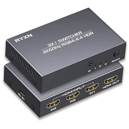 HDMI 2.0 Switch 3 in 1 Out 4K@60Hz, HDMI Switcher Splitter 3x1, Supports GRB4:4:4, HDCP2.2, HDMI2.0, HDR10, for PS5/4 Blu-Ray Fire Stick Roku PC and More