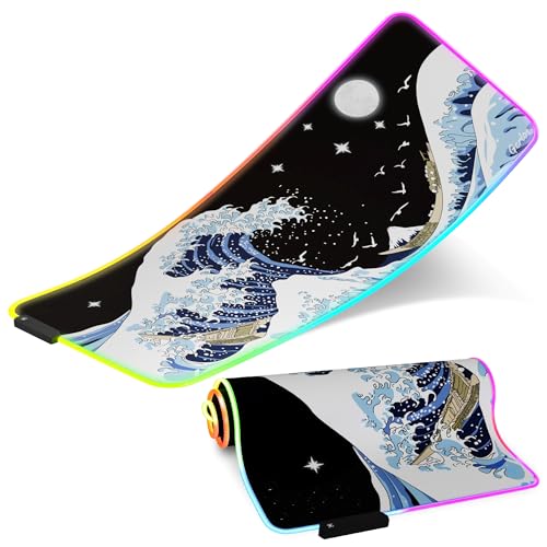 Gerlos RGB Gaming Mouse Pad, Large LED Desk Mat, 31.5 x 11.8 Inch | 12 light modes, non-slip base, water-resistant surface, stitched edges - color: Wave