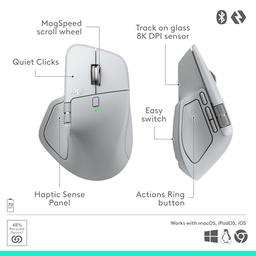 Logitech MX Master 4 for Mac, Ergonomic Bluetooth Mouse with Advanced Performance Haptic Feedback, Ultra-Fast Scrolling, USB-C Charging, MacOS, iPadOS, Windows - White Silver - color: White Silver