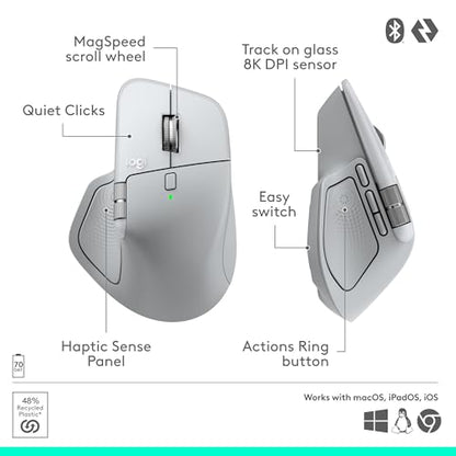 Logitech MX Master 4 for Mac, Ergonomic Bluetooth Mouse with Advanced Performance Haptic Feedback, Ultra-Fast Scrolling, USB-C Charging, MacOS, iPadOS, Windows - White Silver - color: White Silver