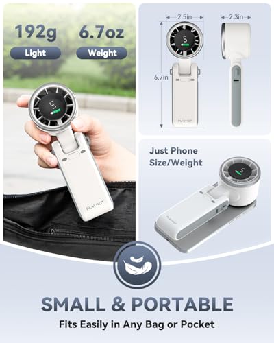 PlayHot Portable Handheld Turbo Fan, Travel Essentials, Gifts for Women/Men | 5-Speed, Up to 12H, 10m/s Airflow, USB-C Rechargeable, LED Display, 3-in-1 Foldable Personal Fan for Cruise, Beach, Vacation - color: White