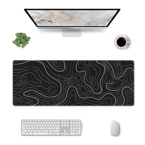 Large Gaming Mouse Pad Desk Mat, Black Topographic Contour Extended Keyboard Mouse Pad Mousepad with Non-Slip Base and Stitched Edge Mouse Mat Desk Pad Mouse Pads for Desk Home Office, 31.5 x 11.8 - color: Topographic Contour Black