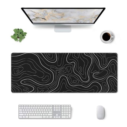 Large Gaming Mouse Pad Desk Mat, Black Topographic Contour Extended Keyboard Mouse Pad Mousepad with Non-Slip Base and Stitched Edge Mouse Mat Desk Pad Mouse Pads for Desk Home Office, 31.5 x 11.8 - color: Topographic Contour Black