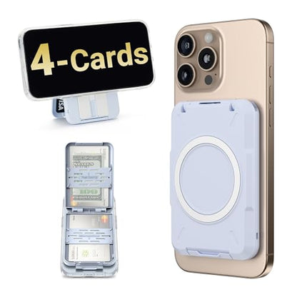 PROfezzion Double Sided Magnetic Wallet 4-Card Holder for MagSafe iPhones | Blue, RFID Blocking, Locking Latch, Kickstand, Fits MagSafe Mount Stand Grip for iPhone 17 16 15 14 13 12 Pro Max & More - color: Blue