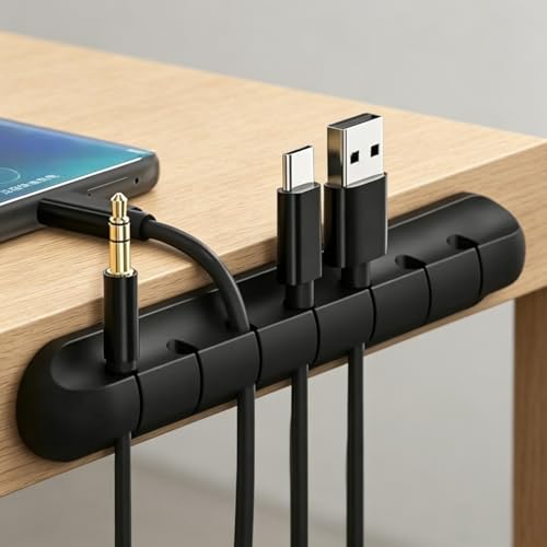 Universal Desktop Data Cable Fixing Clip,Multi functional wire organizer, cable tray USB data cable fixed hub, essential tool for daily life - color: Black（7 card slots ）