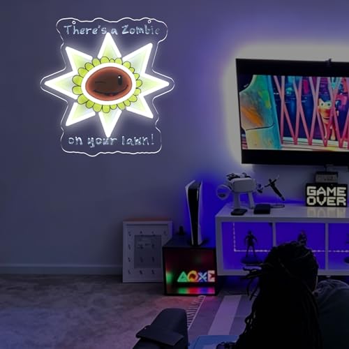 There's a Zombie on Your Lawn Neon Sign, Cute Sunflower LED Light Up Sign for Wall Decor, Cartoon Flower Game Fan Gifts for Kids Friends, Funny Night Light for Bedroom Game Room Display
