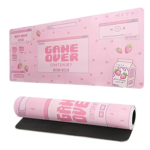 Pink Gaming Mouse Pad 31.5x11.8 Inch Pastel Game Over Large Mousepad Kawaii Office Decor for Women Non-Slip Rubber Base Stitched Edges Keyboard Mouse Mat Desk Pad for Office Home and Game - color: Game Over