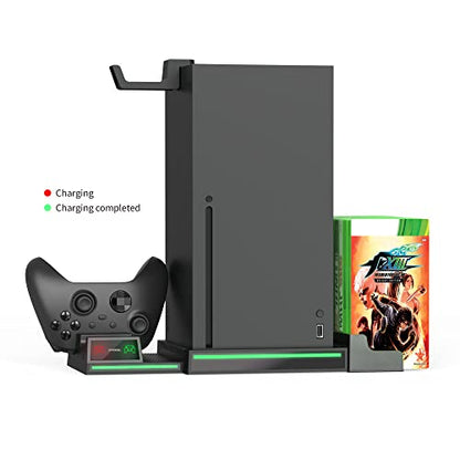 Vertical Stand Compatible with Xbox Series X Console, Dual Charging Station with 2 Rechargeable Battery for Xbox Series X Controller, with 10 Game Card Slot and Headphones Holder & 4 Cover…