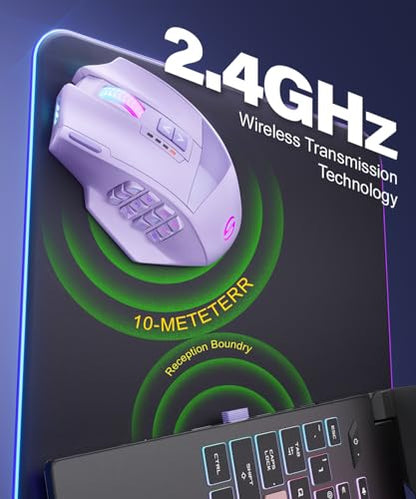 UtechSmart Venus Pro Wireless MMO Gaming Mouse, 16,000 DPI Optical Sensor, Wired/Wireless Dual Modes, 16M Chroma RGB Lighting, 16 Programmable Buttons, Ergonomic Design, Up to 70H, Purple - color: Purple