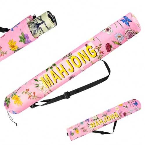 35 Inch Canvas Mahjong Mat Bag | Portable Drawstring Storage Carrying Bag with Shoulder Strap for Mahjong Mats,Travel,Game Nights and Board Games - color: Pink Bloom