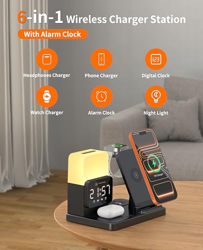 6-in-1 Wireless Charging Station,Charger Stand for Apple Devices for Gifts | for iPhone 17-12 Pro Max Watch Airpods,Wireless Charger iPhone Charging Station with Night Light/Alarm Clock Gifts