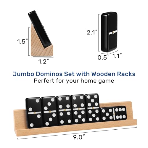 Jumbo Dominos Set for Adults with 4 Wooden Racks/Trays, Double 6 Dominoes Travel Set with Portable Case Double Six Dominoes Set with 4 Tiles Holders, 28 Tiles Dominos Set for Family Board Games - color: Black