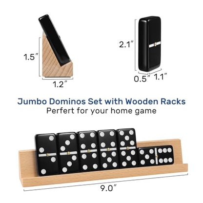 Jumbo Dominos Set for Adults with 4 Wooden Racks/Trays, Double 6 Dominoes Travel Set with Portable Case Double Six Dominoes Set with 4 Tiles Holders, 28 Tiles Dominos Set for Family Board Games - color: Black