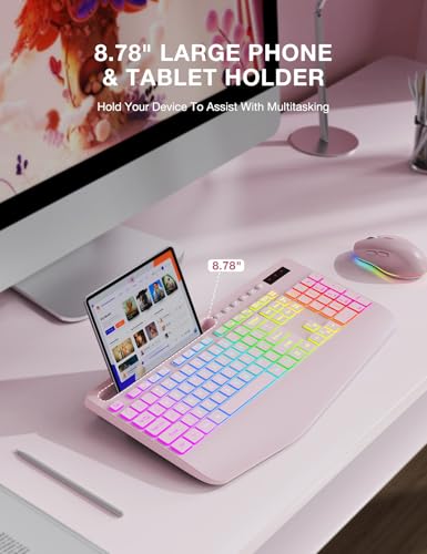 Wireless Keyboard and Mouse Combo, 9 Backlit Effects, RGB, 2.4GHz | Ergonomic Wrist Rest, Phone Holder, Rechargeable, Full Size, KM22 MAX Silent Set for Computer, Laptop, Mac, Windows (Pink) - color: Creamy Pink