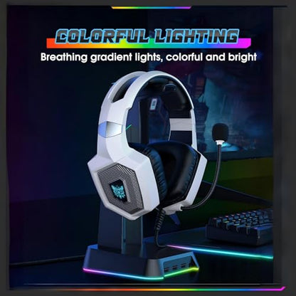 Gaming Headset with Microphone, Gaming Headphones Compatible for PS4 PS5 Xbox PC with RGB Lights, PlayStation Headset with Noise Reduction 7.1 Surround Sound Over-Ear and Wired 3.5mm Jack - color: White