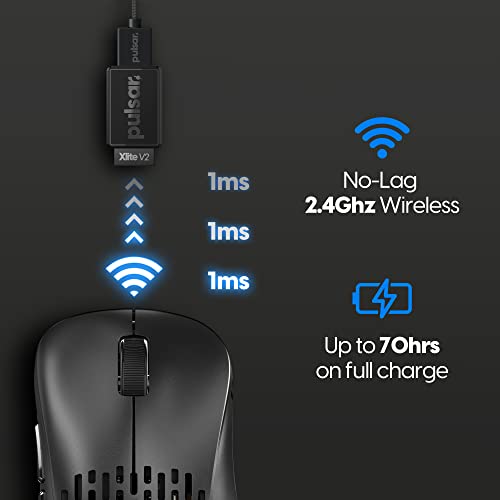 Pulsar Gaming Gears - Xlite v2 Wireless Gaming Mouse, Ultra Lightweight 2.1 oz (59 g), Ergonomic, 2.4 Ghz 1 ms 20000 DPI Optical Sensor PAW3370 Domestic Genuine Product (Medium, Wireless, Black) - color: Black, size: Medium, style: Xlite V2