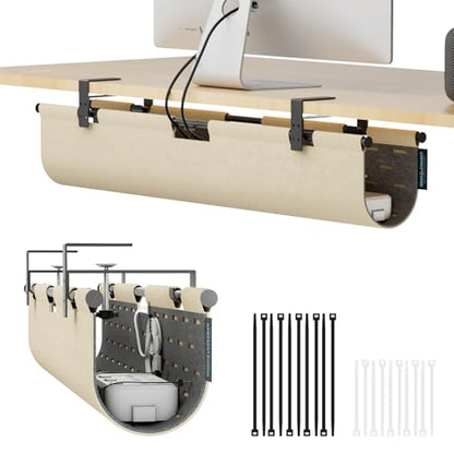 No Drill Under Desk Cable Management Tray, 30" Felt Cord Organizer | Clamp or Screw Mount, Converts to Privacy Panel, Pegboard Design, Wire Management for Standing Desk & Home Office - size: 30"-Khaki