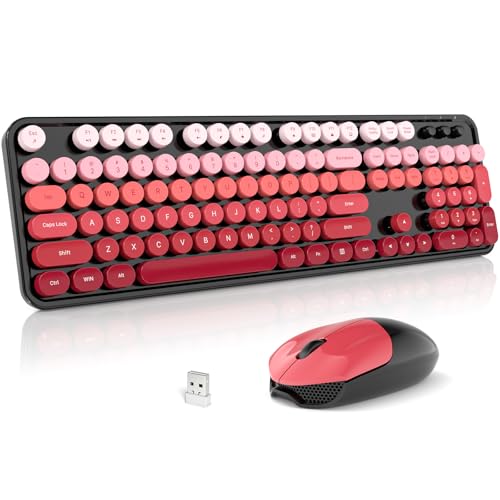 Wireless Keyboard and Mouse Combo, 2.4GHz Gradient Colorful Full-Size Retro Typewriter Keyboard with Wireless Mouse for PC/Desktop/Laptop/Windows (Black Red) - color: Black Red