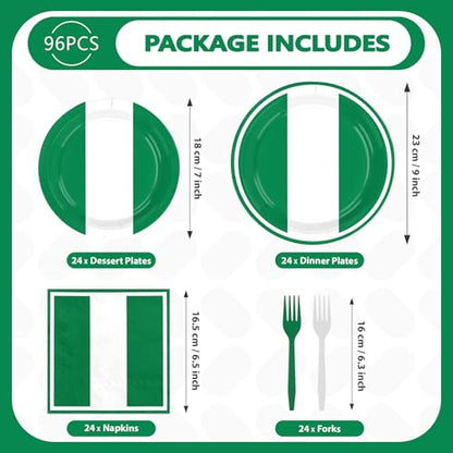 96 Pcs Nigeria Flag Themed Party Decorations, Serves 24 | Green White Plates and Napkins Nigerian Independence Day Tableware for African Cultural National Day Soccer Party Supplies - style: Nigeria Themed Plates m