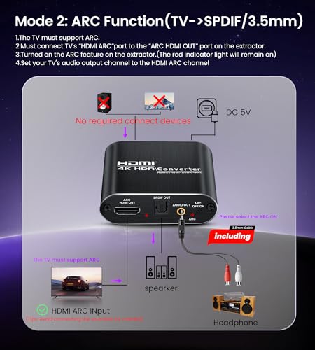 avedio links HDMI eARC/ARC Audio Extractor 4K@60Hz, HDMI to Optical Toslink SPDIF & 3.5mm AUX Stereo Audio Converter Splitter, HDCP 2.2, PCM/DTS 5.1