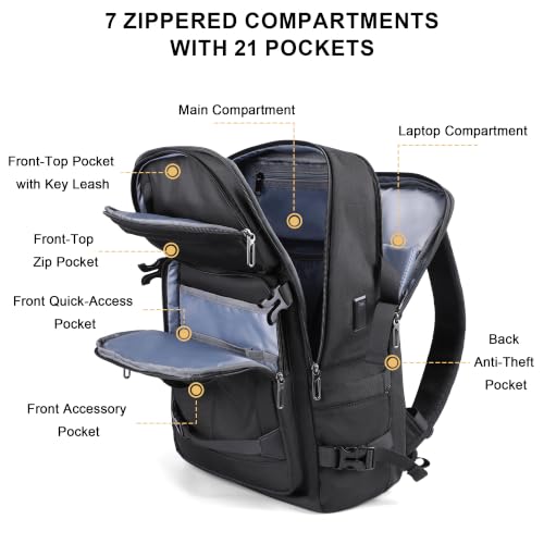 PIJUSHI Casual Travel Backpack for Women with 16" Padded Laptop Compartment | Carry On Luggage with USB Charging Port, 1680D Water-Resistant Nylon, Airline Approved, For Daily, Hiking - color: Updated Black