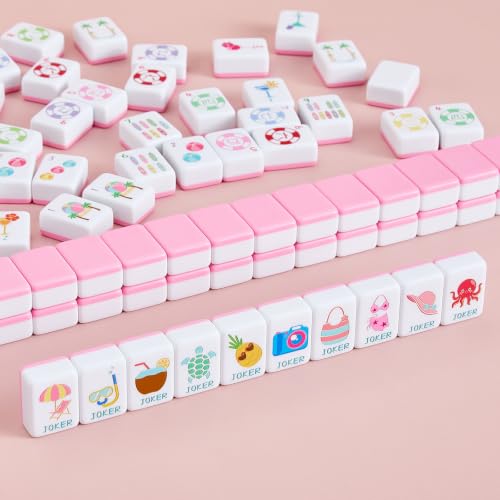 160 Engraved American Mahjong Tile Set Summer Design 1.2" Pink Melamine with Portable Storage Bag and Accessories, 1.2" Mahjong Game Set Cute Design
