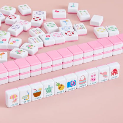 160 Engraved American Mahjong Tile Set Summer Design 1.2" Pink Melamine with Portable Storage Bag and Accessories, 1.2" Mahjong Game Set Cute Design