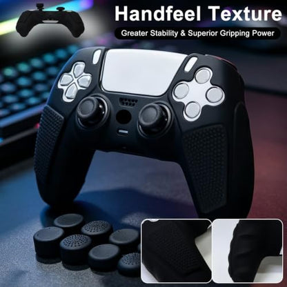 2 Pack Black Anti-Slip PS5 Controller Skin,Soft Thicken Studded Protective Silicone Cover Skin Grips Compatible with PS5/Slim/Pro Controller and 8 PCS Thumb Grips Caps. (2 Pack Black) - color: 2 Pack Black