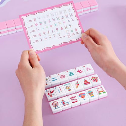 160 Pink American Printed Mahjong Game Set with Carrying Bag and Accessories, 1.2’’ Mahjong Tile Set - style: 2-Pink