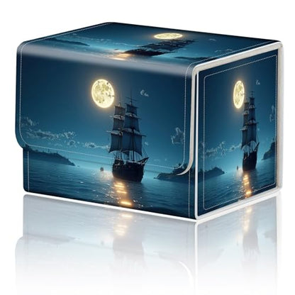 DEGDFSGR for TCG MTG Card Game Storage Box Organizer Trading Card Case Commander Deck Box Magnetic Closure Creative Pattern Up to 200 Cards, Moon Ship Blue Sea - color: Moon Ship Blue Sea