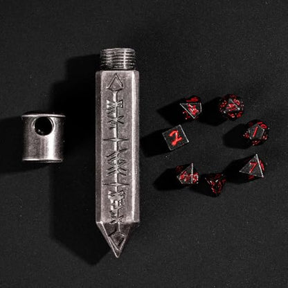 Mini Dice Set with Rune Keychain Case,7PCS Polyhedral Metal Dice Set for DND Role Playing Games(Silver/Black Red) - color: Silver/Black Red