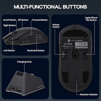 MechLands AJAZZ AJ139 V2 MC Gaming Mouse with Charging Base, Adjustable 12,000 DPI, PAW3311 Sensor, 3 Modes Wireless Mouse, 500mAh Battery, 1000 Polling Rate, 66g Lightweight, Win/Mac (Black) - color: Black