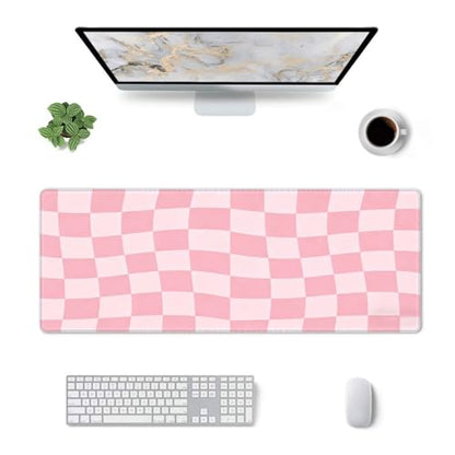Gaming Mouse Pad, Large Pink Checkered Mousepad Laptop, Extended Mouse Mat, Long XL Waterproof Keyboard Pads, Big Non-Slip Mousepads for Game Office Home, 31.5 x 11.8 in - color: Pink Checkered