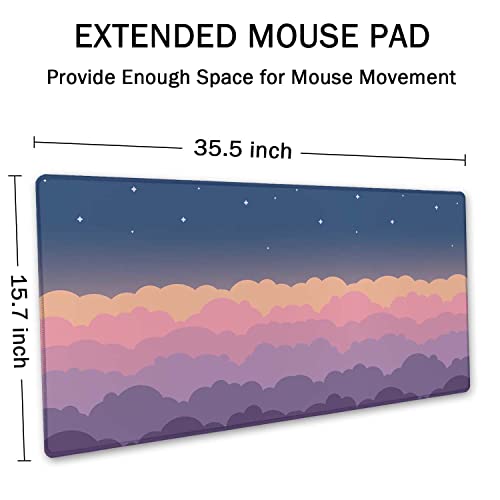 SSOIU Cute Clouds Purple Desk Mat, Extra Large XXL Gaming Mouse Pad 35.5" X 15.7", Waterproof with Stitched Edges - color: Cute Clouds Purple
