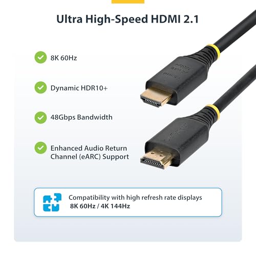 StarTech 3ft Ultra High Speed HDMI Cable, 8K 60Hz, HDR10+, 48Gbps | 8K 60Hz/4K 120Hz, HDMI 2.1 Cord with HDR10+ / eARC, Certified, HDMI21-CBL-8K60-3F, 91cm - size: 3 ft