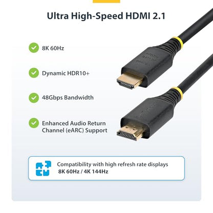 StarTech 6ft Ultra High Speed HDMI Cable, 8K 60Hz, HDR10+, 48Gbps | 8K 60Hz/4K 120Hz, HDMI 2.1 Cord with HDR10+ / eARC, Certified, HDMI21-CBL-8K60-6F - size: 6 ft