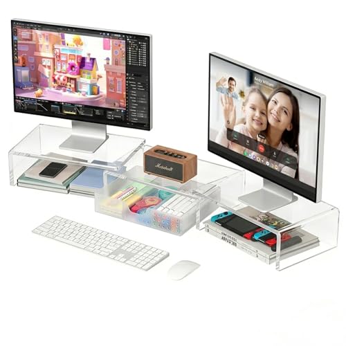OPNICE Clear Acrylic Desk Organizers and Accessories, Dual Monitor Stand Riser with Drawer, Desk Shelf Computer Racks for Office Workspace Organizers, Desktop Organization (Transparent) - color: Transparent