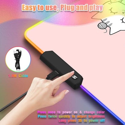RGB Mouse Pad I Large Mousepad with 14 Led Modes I Keyboard Pad Gaming Desk Mat I Non-Slip Rubber Base Mouse Mat I 900x400x4mm Waterproof Mousepad for PC MacBook Women Girl I Cute Pink Kawaii Cats - color: Cute Pink Kawaii Cats