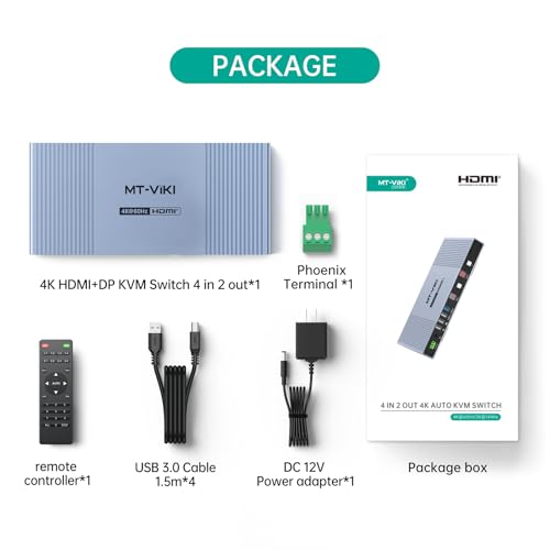 MT-VIKI Seamless 4x2 HDMI Matrix KVM Switch, HDMI+DP KVM Switch for 4 Computers 2 Monitors, 4K@60Hz/2K@144Hz, 3.5mm Audio Ouput, Support Mouse Switching+ Hotkey - style: 4 IN 2 OUT HDMI+DP IN