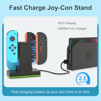 Switch 2 JoyCon Charging Dock for Nintendo Switch Controller Charger, Accessories for Nintendo 1/2 Charging Station with RGB Light - 4 in 1 Charge Switch2 with 60cm USB- C Power Cord - size: 60cm