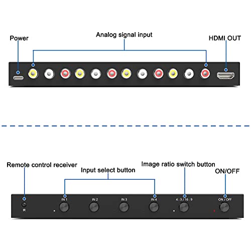 4 AV to HDMI, 1080P/720P 4 Way RCA Composite CVBS AV Switch to HDMI Converter Adapter Support 4:3/16:9 Switching, for Sega Xbox PS1 PS2 PS3 N64 NGC SNES WII VHS VCR Camera DVD （with Remote） - style: 4 RCA Converter