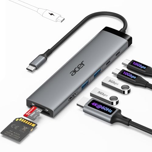 Acer 8 in 1 USB C Hub 10Gbps, USBC to HDMI Adapter 4K@60Hz for Laptop/Mac | Type C Multiport Splitter with 2×USB C 3.2 & 2×USB A 3.0 Data Transfer, 100W Max PD Port, SD/TF Card Reader, 0.65ft - size: 0.65ft