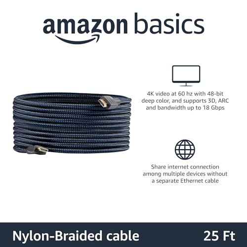 Amazon Basics Nylon-Braided HDMI 2.0 Cable, 25ft, 4K@60Hz, 18Gbps, 2160p, 48 bit, Compatible with TV/PS5/Xbox/Roku/Blu-ray, Ethernet Ready, Black & Blue - color: Black, size: 25 Feet (Pack of 1)