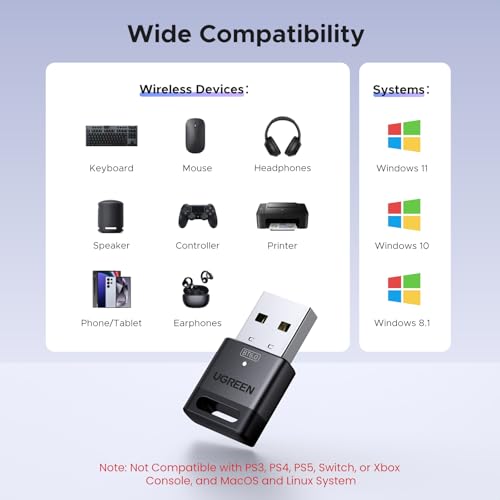 UGREEN USB Bluetooth Adapter for PC, Bluetooth 6.0 Dongle Receiver EDR & BLE, Plug & Play for Windows 11/10/8.1, for Headphone/Keyboard/Mouse/Speakers/Printer