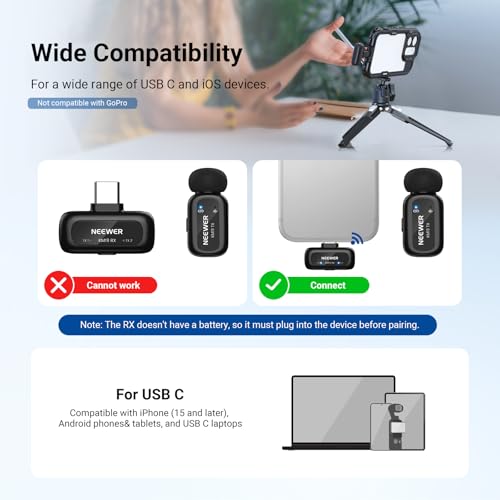 NEEWER KM19 Wireless Lavalier Microphone Compatible with iPhone 15 16 17 | Compatible with iPhone Android & PC, Mini Lav Mic, App Control, 3 Level Noise Cancelling, 30H Battery, 100m, Video Recording