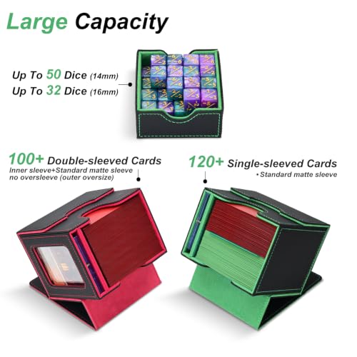 Commander Deck Box for MTG/PTCG/TCG - Patent Pending, Black Green | Card Deck Box with Display Fits 100+ Double-Sleeved Cards, Magnetic Trading Card Box with Dice Tray & 35PT Card Holder - color: Black Green