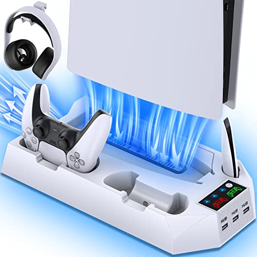 PS5/PS5 Slim/PS5 Pro Stand and Cooling Station with Dual Controller Charging Station for PlayStation 5 Console, PS5 Accessories Incl. Controller Charger, Cooling Fan, Headset Holder, 3 USB Hub, White - color: White