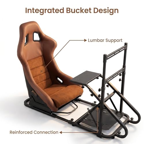 Racing Simulator Cockpit with Monitor Mount and Stronger Fiberglass Brown Mesh Fabric Bucket Seat, Racing Wheel Stand Compatible with Fanatec, Thrustmaster, Logitech, Moza Racing Games on PS5, PS4, Xbox and PC - color: Cockpit+Brown Seat